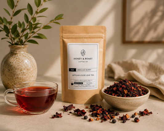 A kraft paper pouch of Honey & Roast Coffee Co. Hibiscus Berry Artisan Loose Leaf Tea stands on a beige surface, with a glass cup of dark red tea, a bowl of loose leaves, and scattered loose leaves around it.