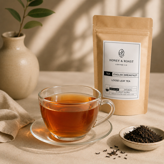 A clear glass cup of amber tea on a saucer sits beside a small dish of loose leaf tea and a kraft pouch labeled Honey & Roast Coffee Co. English Breakfast Loose Leaf Tea, styled on a beige surface with a ceramic vase and soft shadows in the background.