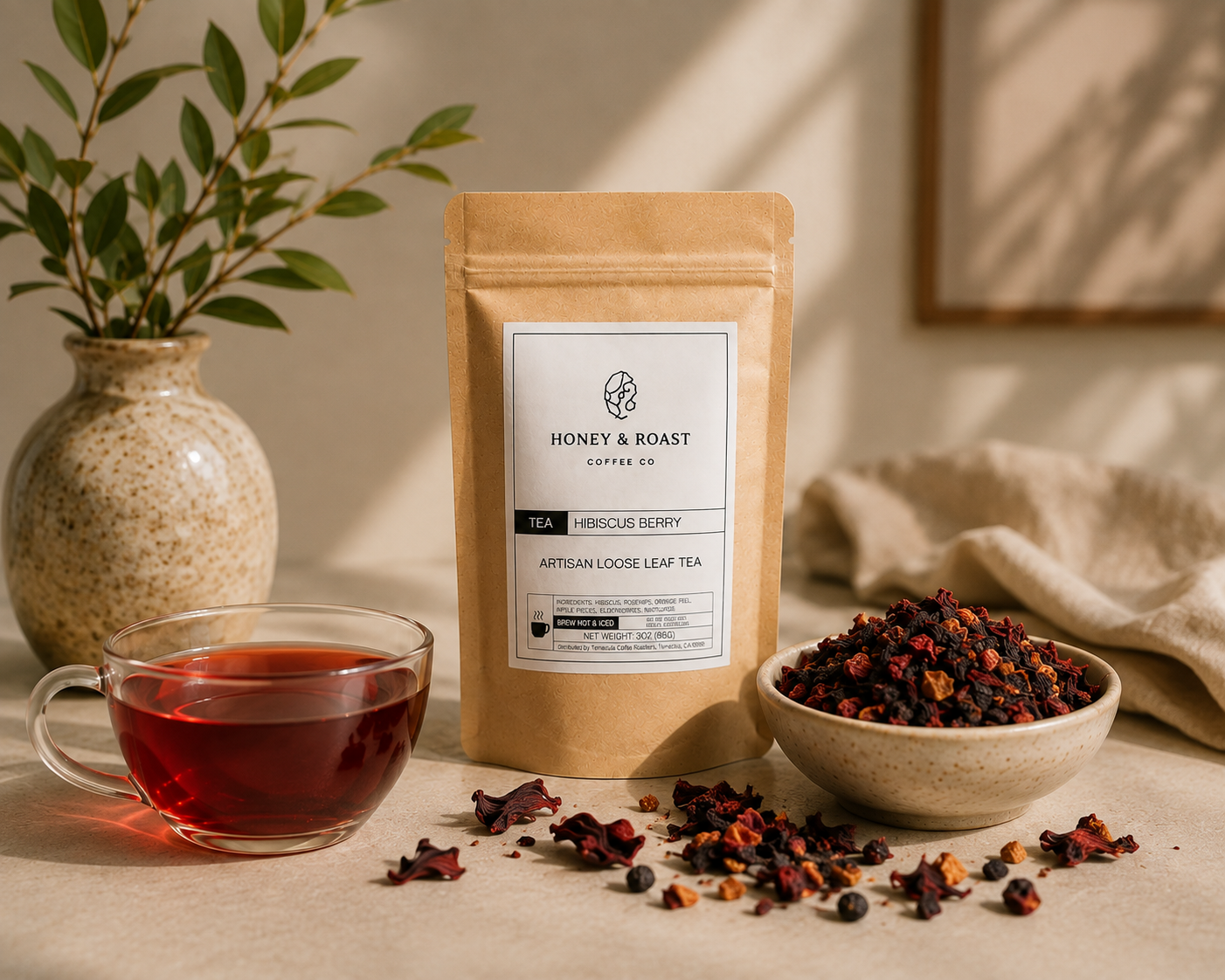 A kraft paper pouch of Honey & Roast Coffee Co. Hibiscus Berry Artisan Loose Leaf Tea stands on a beige surface, with a glass cup of dark red tea, a bowl of loose leaves, and scattered loose leaves around it.