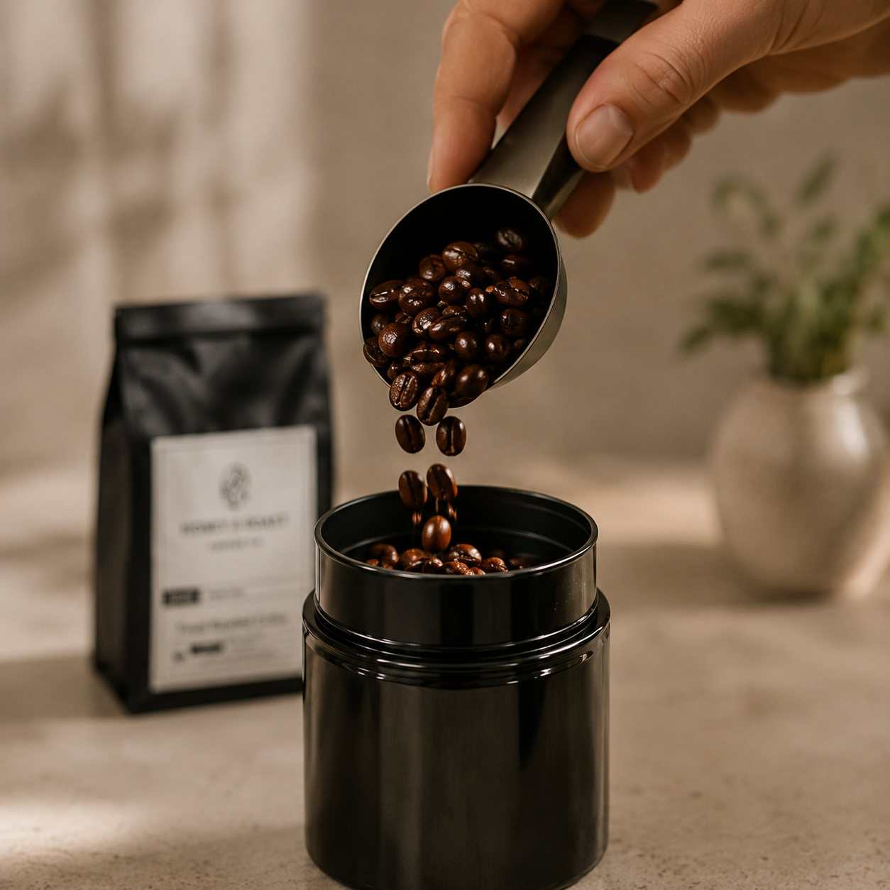 A hand pours roasted coffee beans from a black scoop into a black canister, with a black coffee bag standing blurred in the background on a warm beige surface.