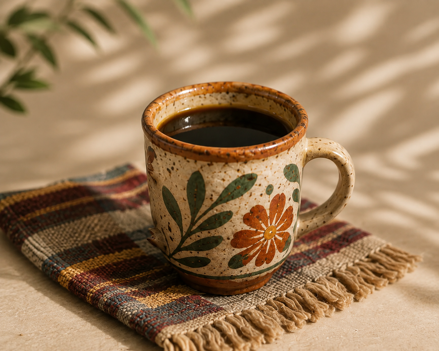 A ceramic mug filled with black coffee sits on a woven placemat with fringe, set on a beige surface with soft leaf shadows in the background.