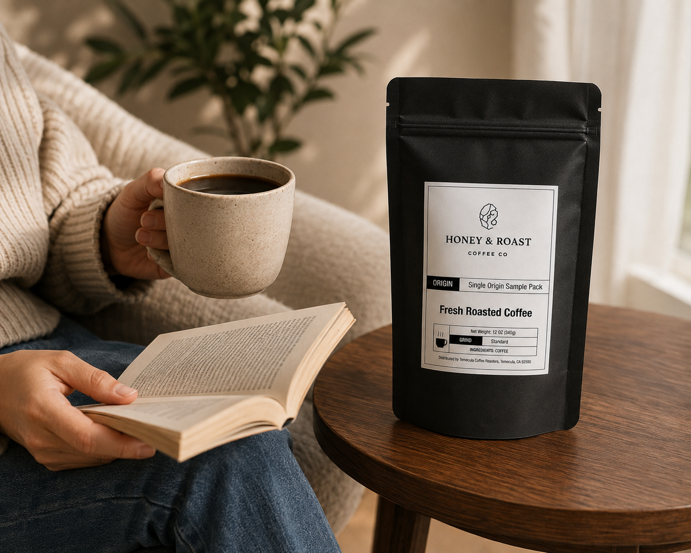 A person in a cozy knit sweater sits by a window holding a mug and reading an open book, with a black stand-up coffee pouch labeled Honey & Roast Coffee on a wooden table beside them.