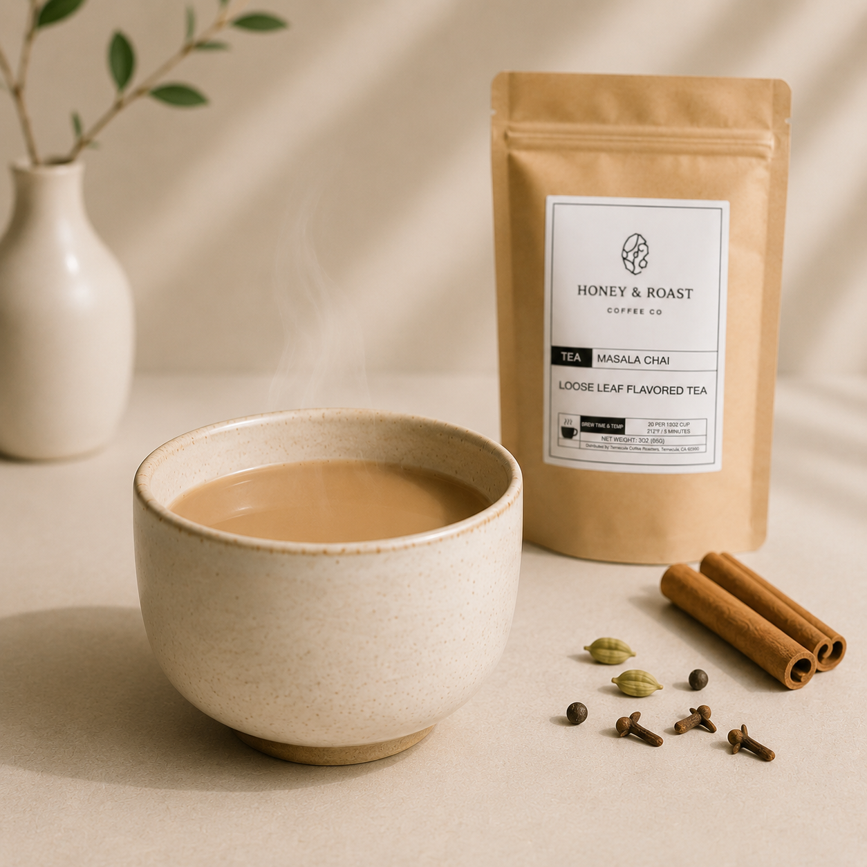 A ceramic cup filled with brewed tea sits in the foreground beside a kraft stand-up pouch labeled Honey & Roast Coffee Co. Masala Chai loose leaf flavored tea, with cinnamon sticks, cardamom pods, and cloves on a warm beige surface.