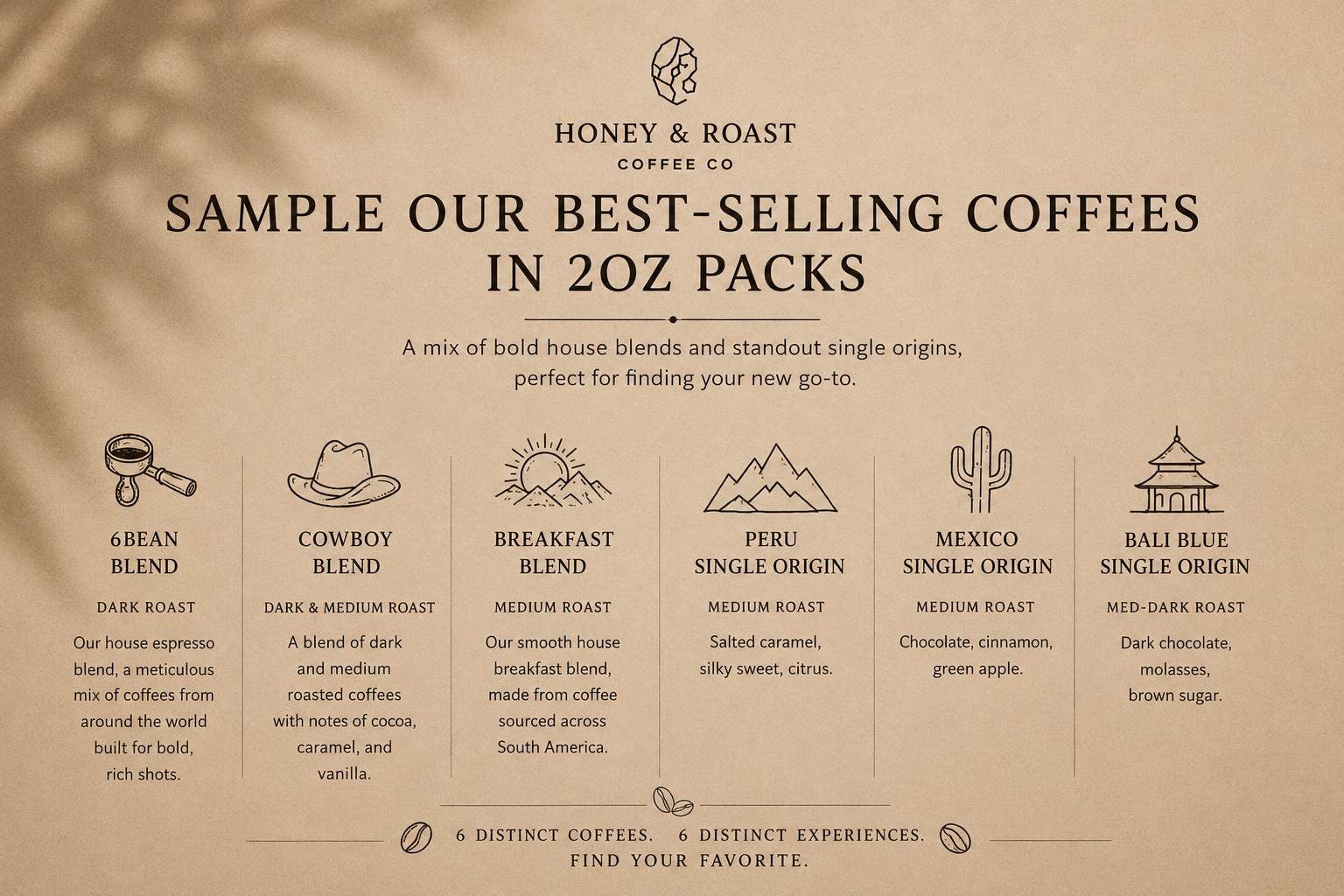 A promotional graphic for Honey & Roast Coffee Co. on a warm beige background, featuring the brand logo and text inviting customers to sample their best-selling coffees in 2oz packs.