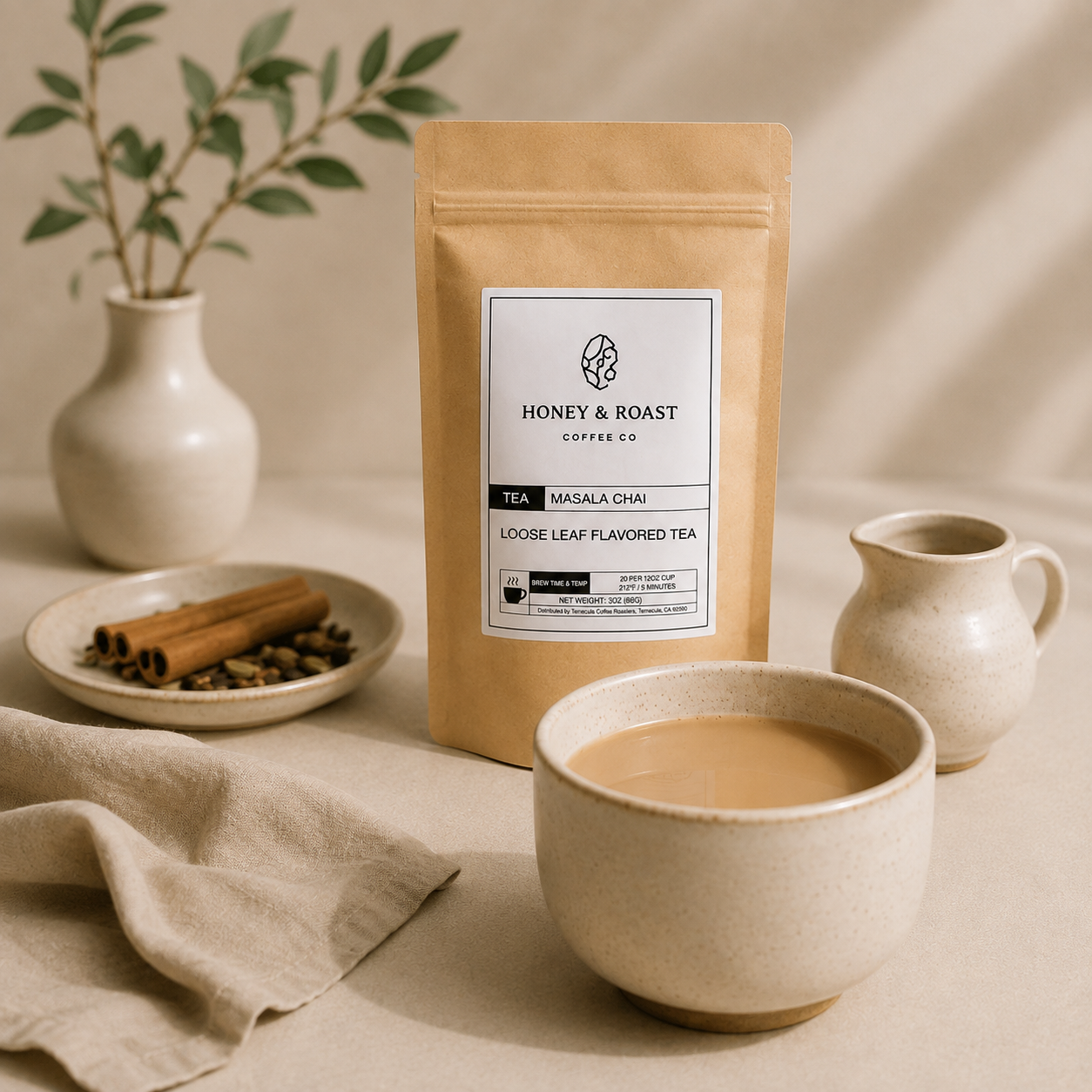 A kraft paper stand-up pouch of Honey & Roast Coffee Co. loose leaf flavored tea stands on a beige cloth, surrounded by a ceramic cup of tea, a small cream pitcher, cinnamon sticks, and a vase with greenery in a softly lit interior setting.