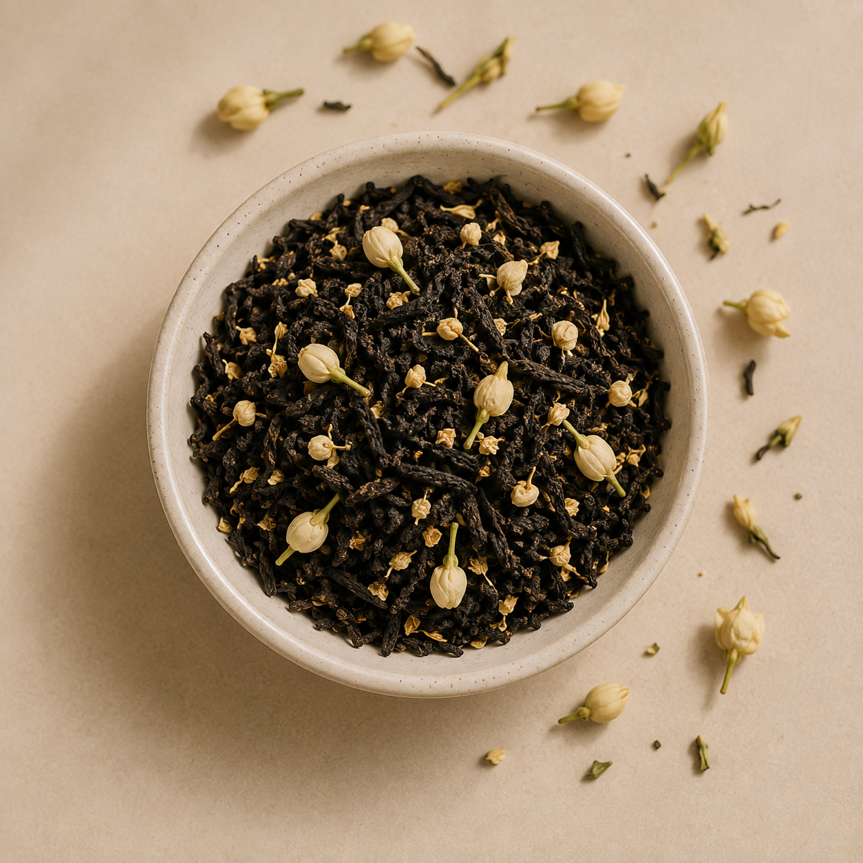 A top-down view of a white ceramic bowl filled with dark loose-leaf tea mixed with small white flower buds, set on a warm beige background with scattered flower buds around it.