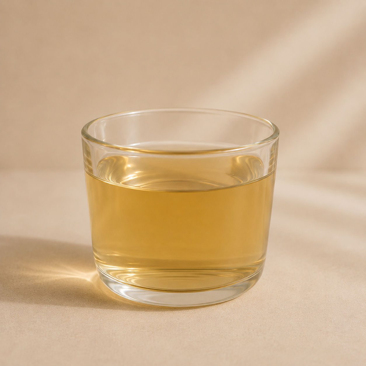 A clear glass tumbler filled with pale golden liquid, photographed on a warm beige surface with soft shadows and light rays.