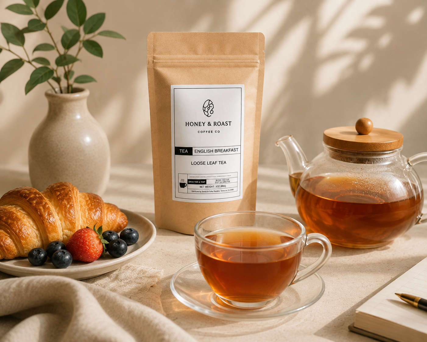 A kraft paper pouch of Honey & Roast Loose Leaf Tea stands on a beige cloth beside a glass teapot filled with amber tea, a clear cup of tea, a croissant with berries, and a vase with leaves in a softly lit setting.