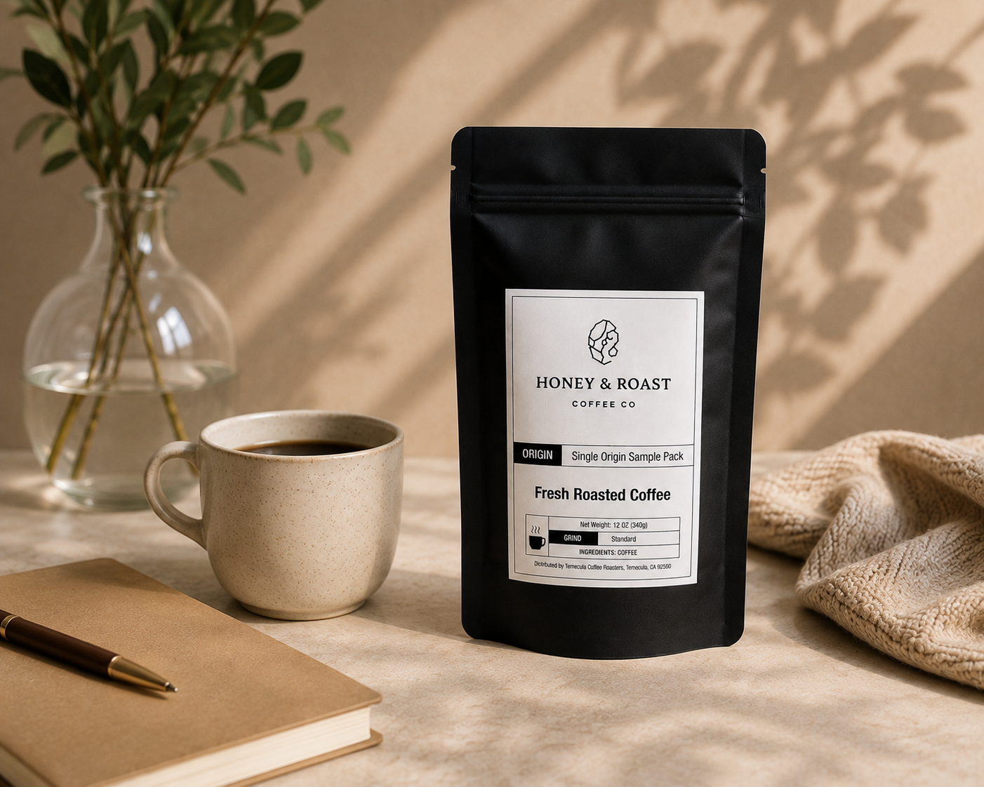 A black stand-up coffee bag labeled Honey & Roast Coffee Co. stands on a beige tabletop beside a ceramic mug of coffee, a notebook with a pen, and a glass vase with green stems.