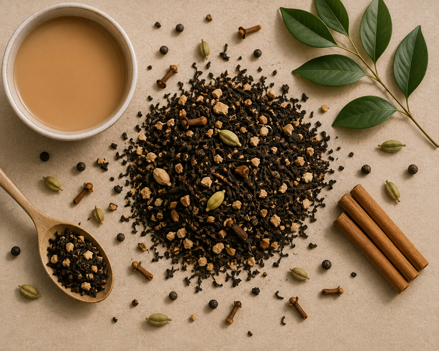A styled flat-lay of a warm beverage with a small white cup of light brown drink, a wooden spoon holding dark spices, a central pile of mixed spices, scattered cloves and cardamom pods, cinnamon sticks, and green leaves on a beige surface.
