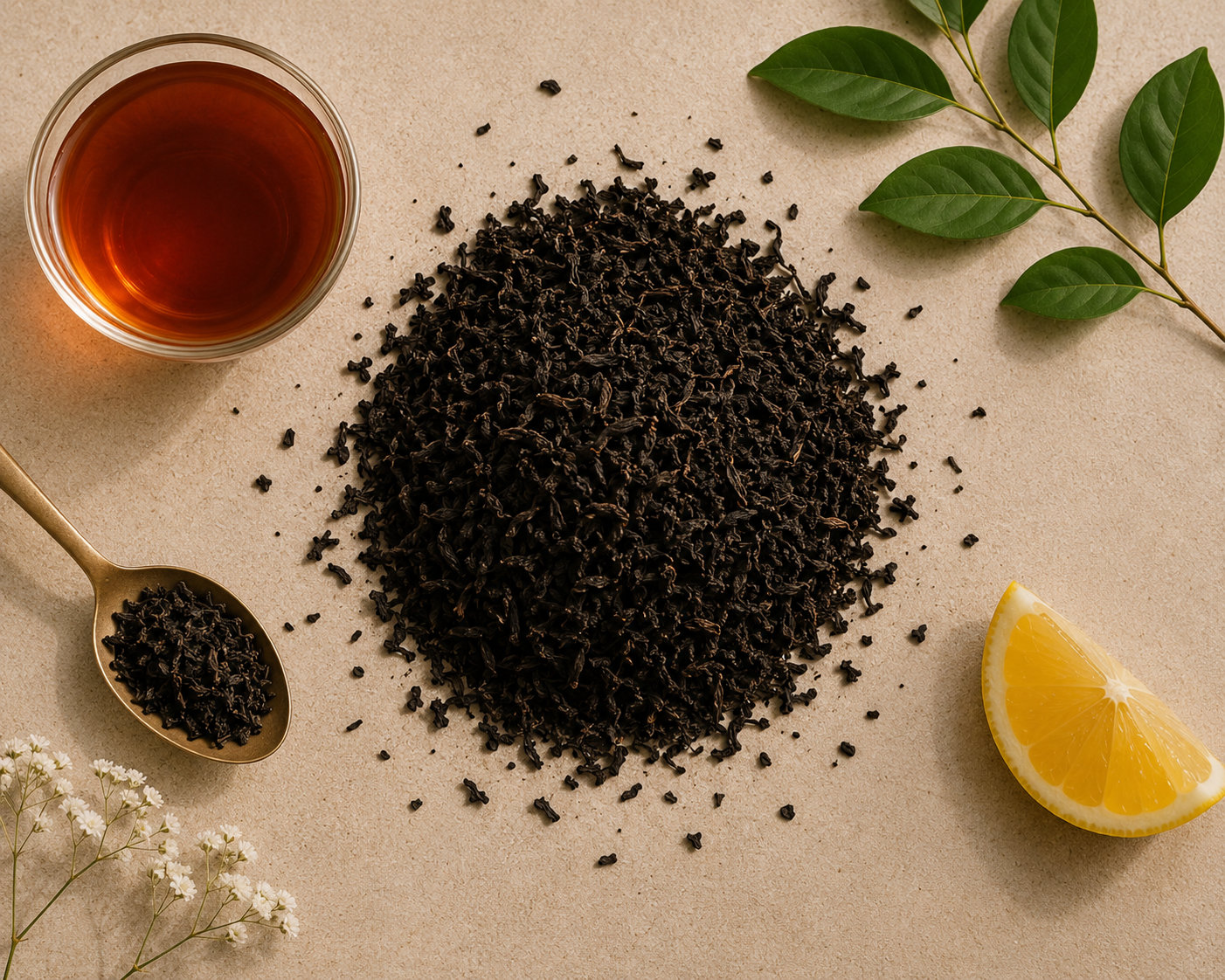 A styled flat-lay of loose-leaf tea on a beige surface, with a small glass cup of amber tea, a spoonful of tea, a pile of dark tea leaves, green leaves, and a lemon wedge.