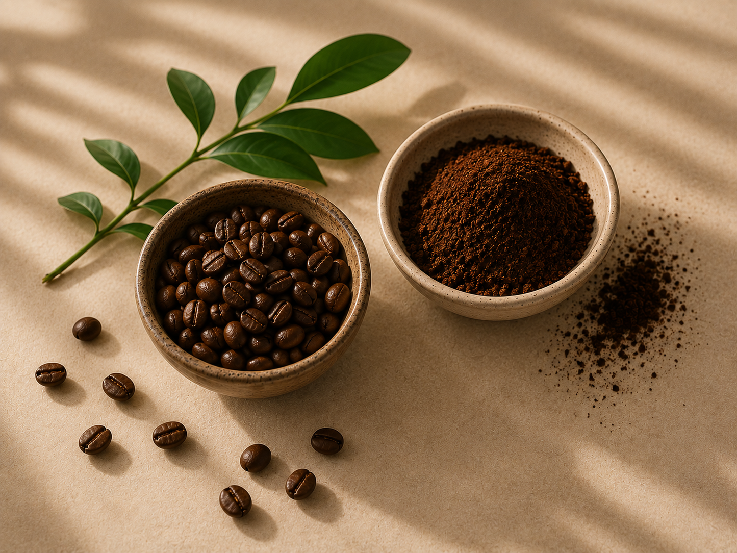 A styled product shot of coffee beans and ground coffee. One small ceramic bowl is filled with whole roasted coffee beans, and another bowl contains dark brown ground coffee, with a few beans scattered around on a textured beige surface.