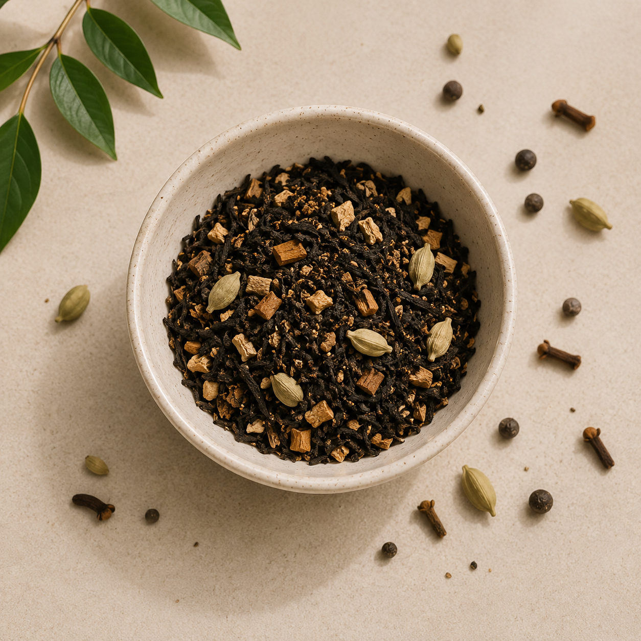 A small off-white ceramic bowl filled with a dark spice blend containing black seeds, whole green cardamom pods, and brown cinnamon pieces, styled on a beige surface with scattered whole spices and a leaf branch in the corner.