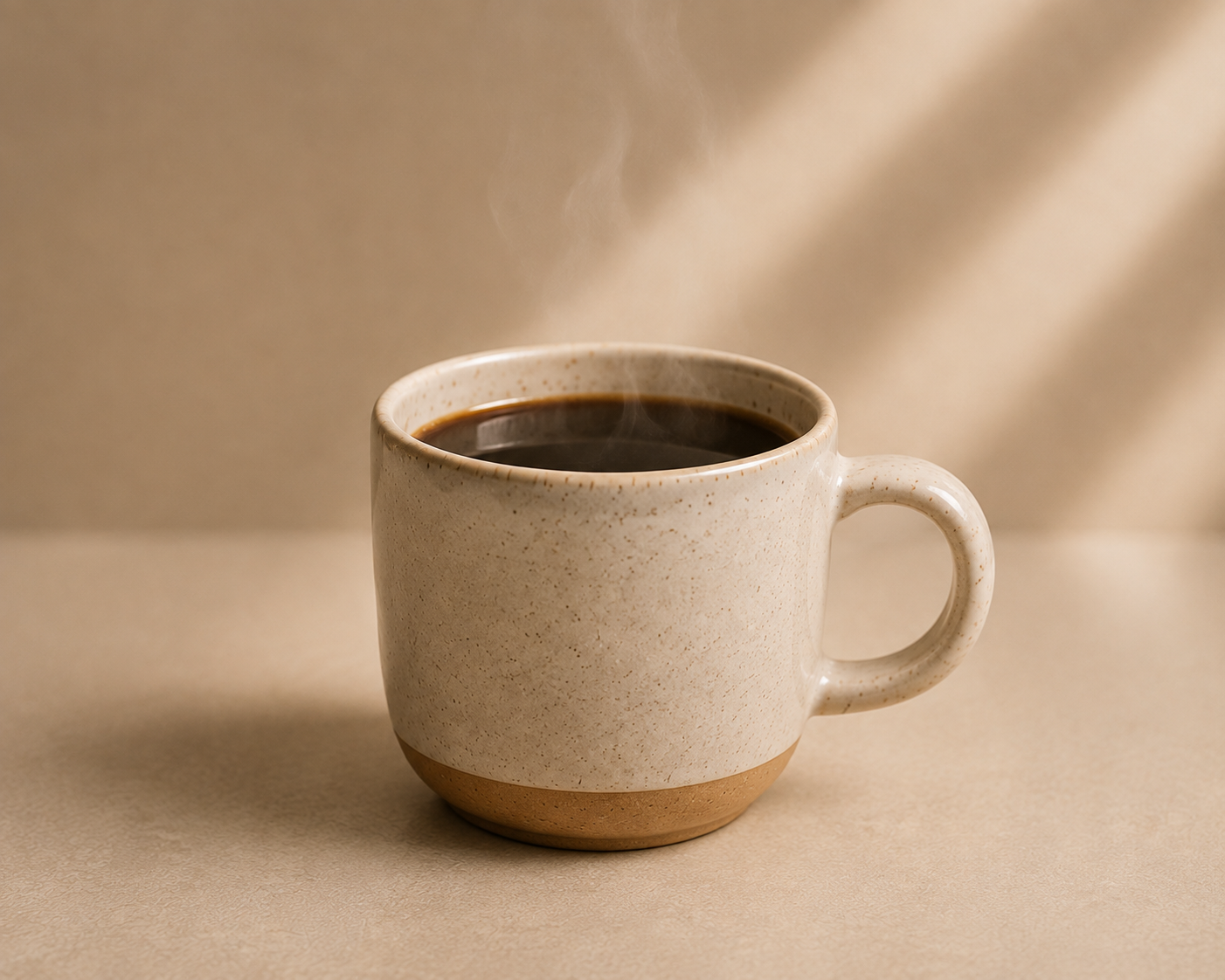 A speckled ceramic coffee mug filled with hot coffee and emitting steam, set against a warm beige background with soft diagonal shadows.