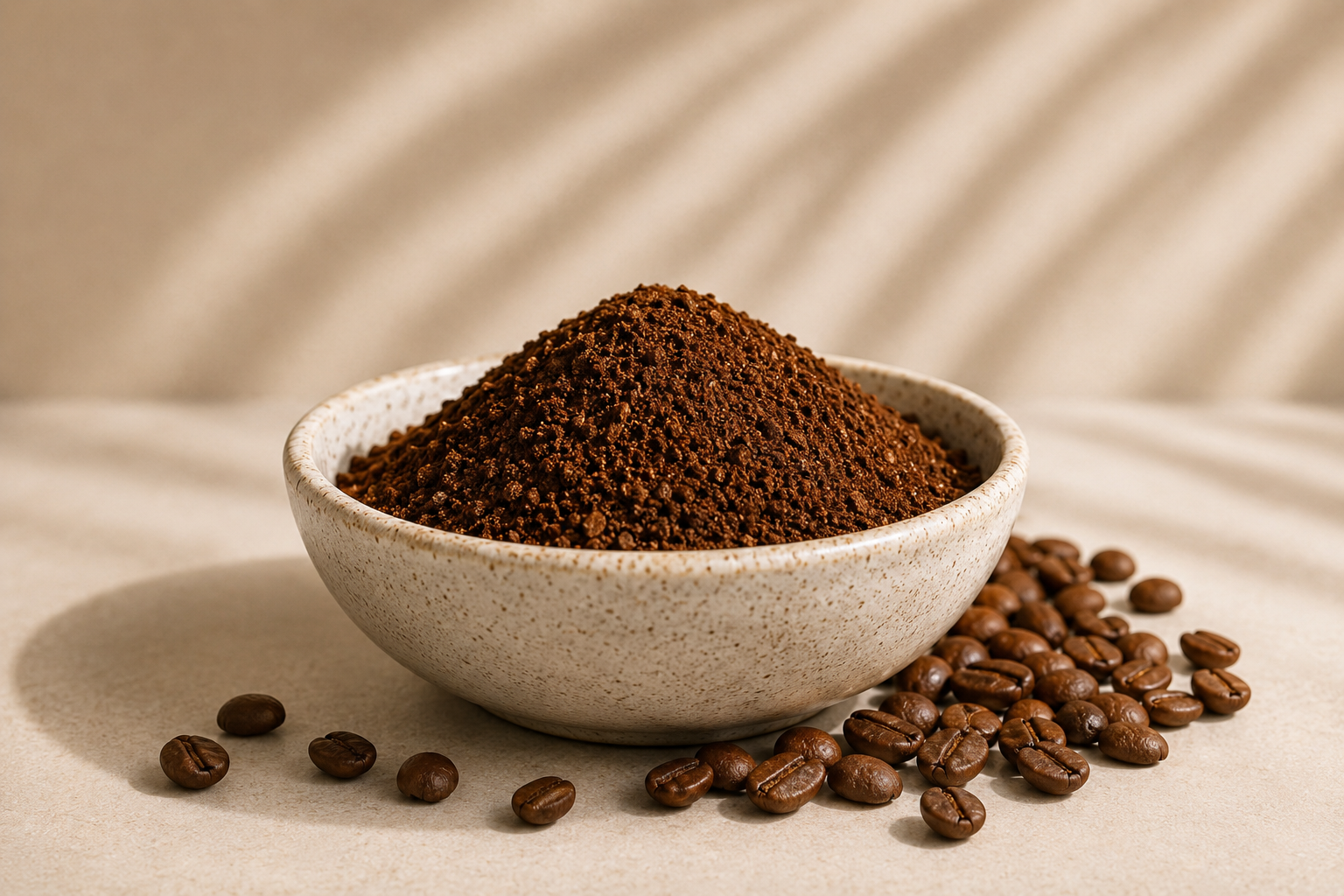 A small speckled ceramic bowl filled with dark brown ground coffee, surrounded by scattered whole coffee beans on a beige fabric surface with soft shadowing.