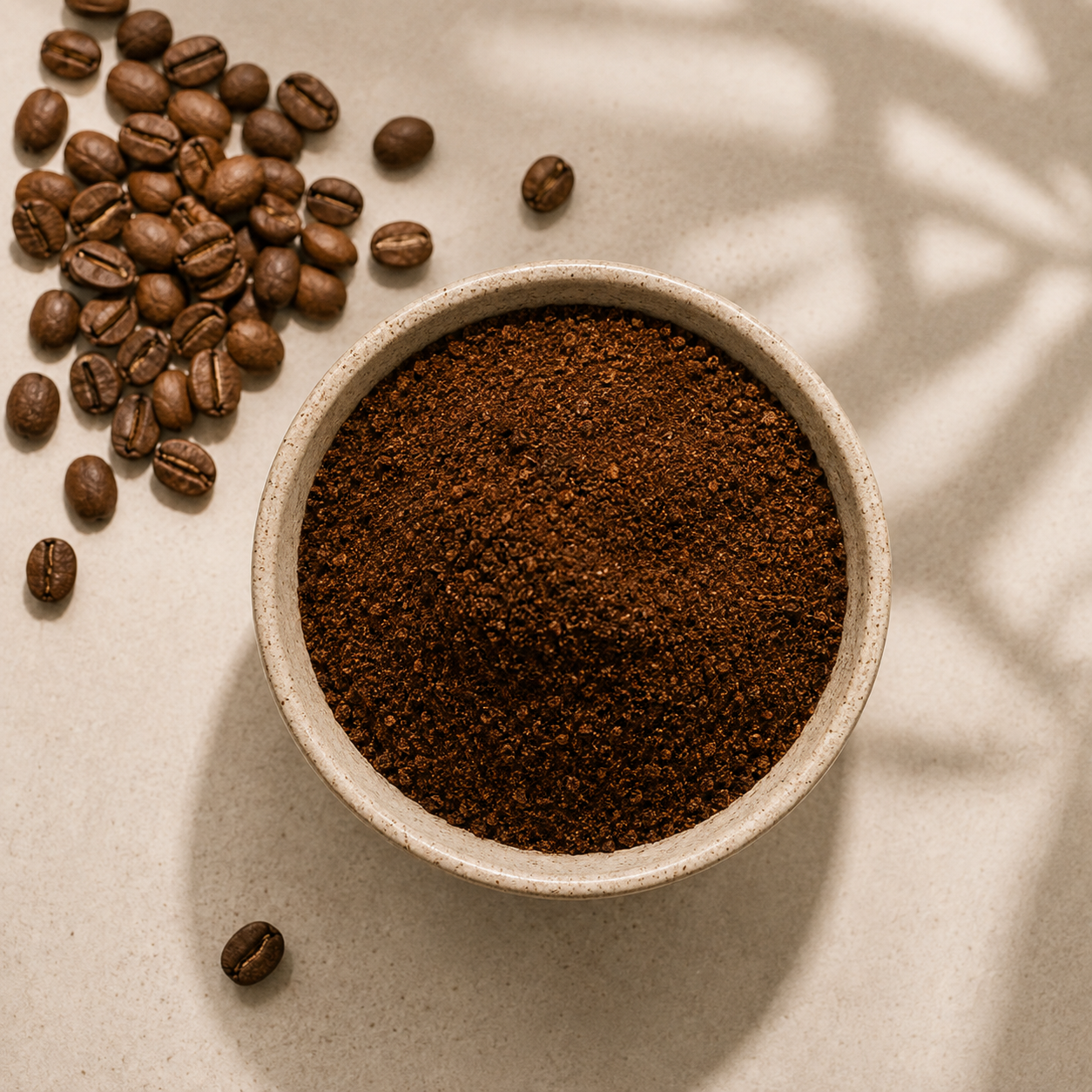 A small beige ceramic bowl filled with dark brown ground coffee, surrounded by scattered whole coffee beans on a light beige surface with soft leaf shadows.