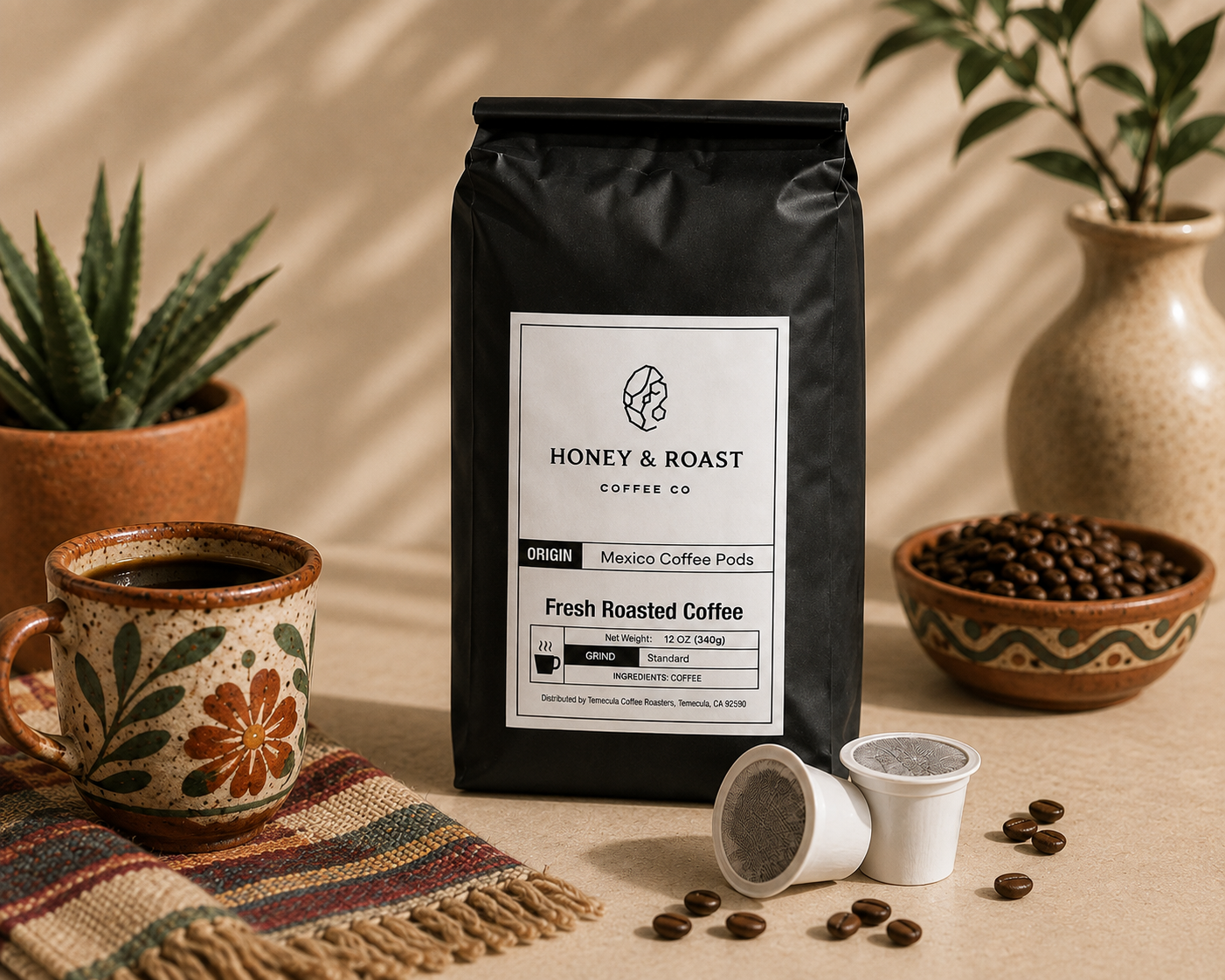 A black bag of Honey & Roast Coffee Co. Fresh Roasted Coffee Pods stands on a beige surface, surrounded by coffee beans, a floral ceramic mug, two coffee pods, and potted plants in a warm, styled setting.