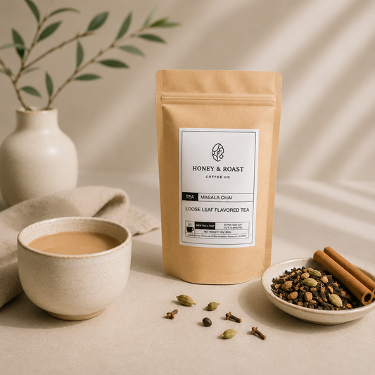 A kraft paper stand-up pouch of Honey & Roast Coffee Co. Masala Chai tea stands on a beige surface, surrounded by a cup of brewed tea, a small dish of spices including cinnamon and cardamom, and a vase with dried leaves in the background.
