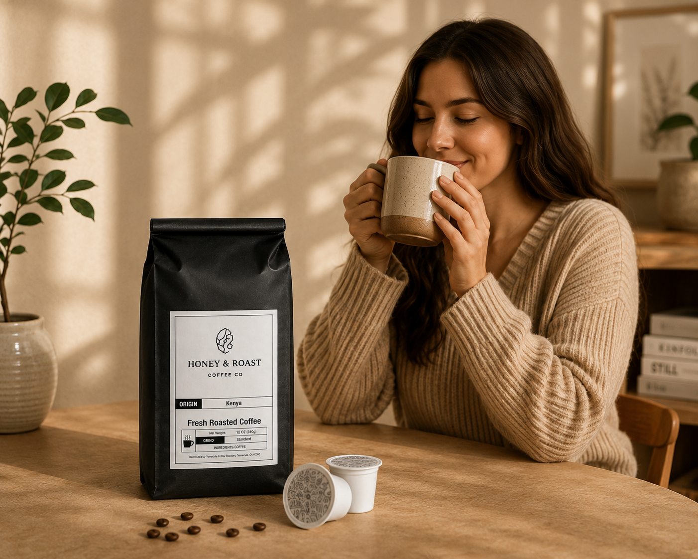 A woman in a beige sweater sits at a wooden table, holding a ceramic mug and smiling. On the table is a black bag of Honey & Roast Coffee Co.