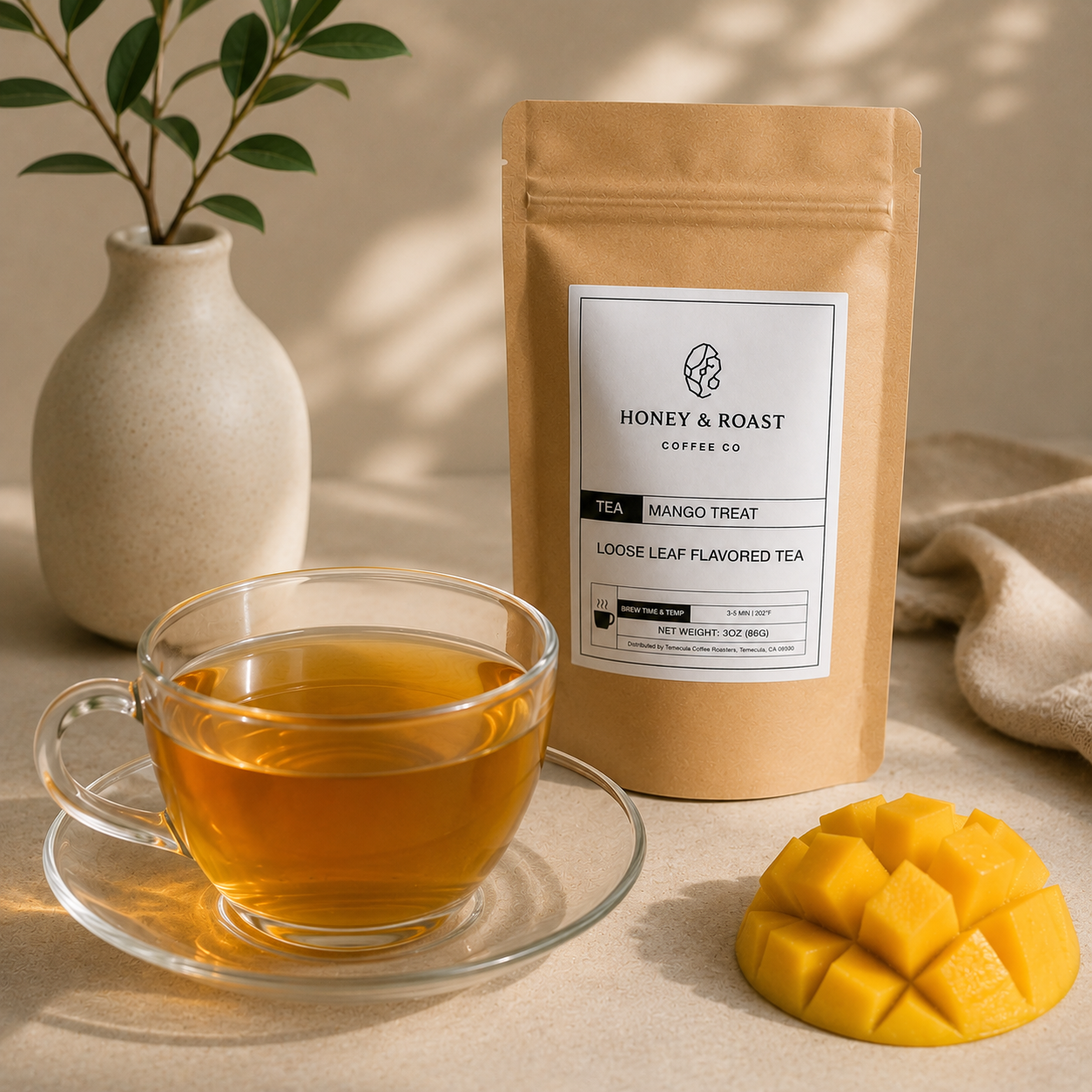 A kraft paper stand-up pouch labeled Honey & Roast Coffee Co. Tea Mango Treat stands beside a clear glass cup of amber tea on a saucer, with a sliced mango and a small vase in the background.