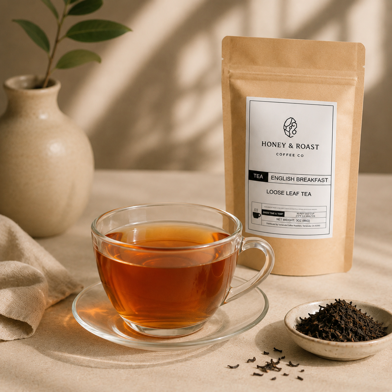 A clear glass cup of amber tea on a saucer sits beside a small dish of loose leaf tea and a kraft pouch labeled Honey & Roast Coffee Co. English Breakfast Loose Leaf Tea, styled on a beige surface with a ceramic vase and soft shadows in the background.