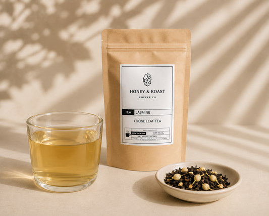 A kraft paper pouch of Honey & Roast Coffee Co. Jasmine Loose Leaf Tea stands next to a glass of brewed tea and a small dish of loose tea leaves on a warm beige surface with soft leaf shadows.