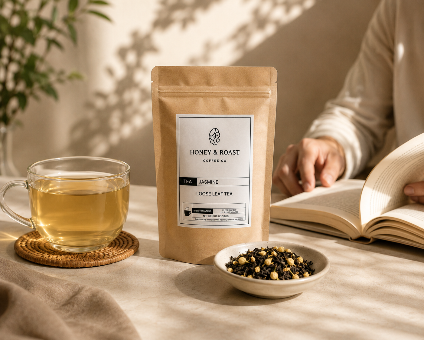 A kraft paper pouch of Honey & Roast Coffee Co Jasmine Loose Leaf Tea stands on a table beside a glass cup of tea, a small bowl of loose leaves, and a person reading an open book in warm natural light.