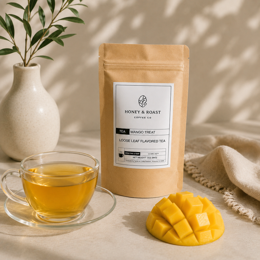 A kraft paper stand-up pouch labeled Honey & Roast Coffee Co. Mango Treat loose leaf flavored tea stands on a beige surface, with a glass cup of amber tea, a sliced mango, and a vase with greenery in the background.