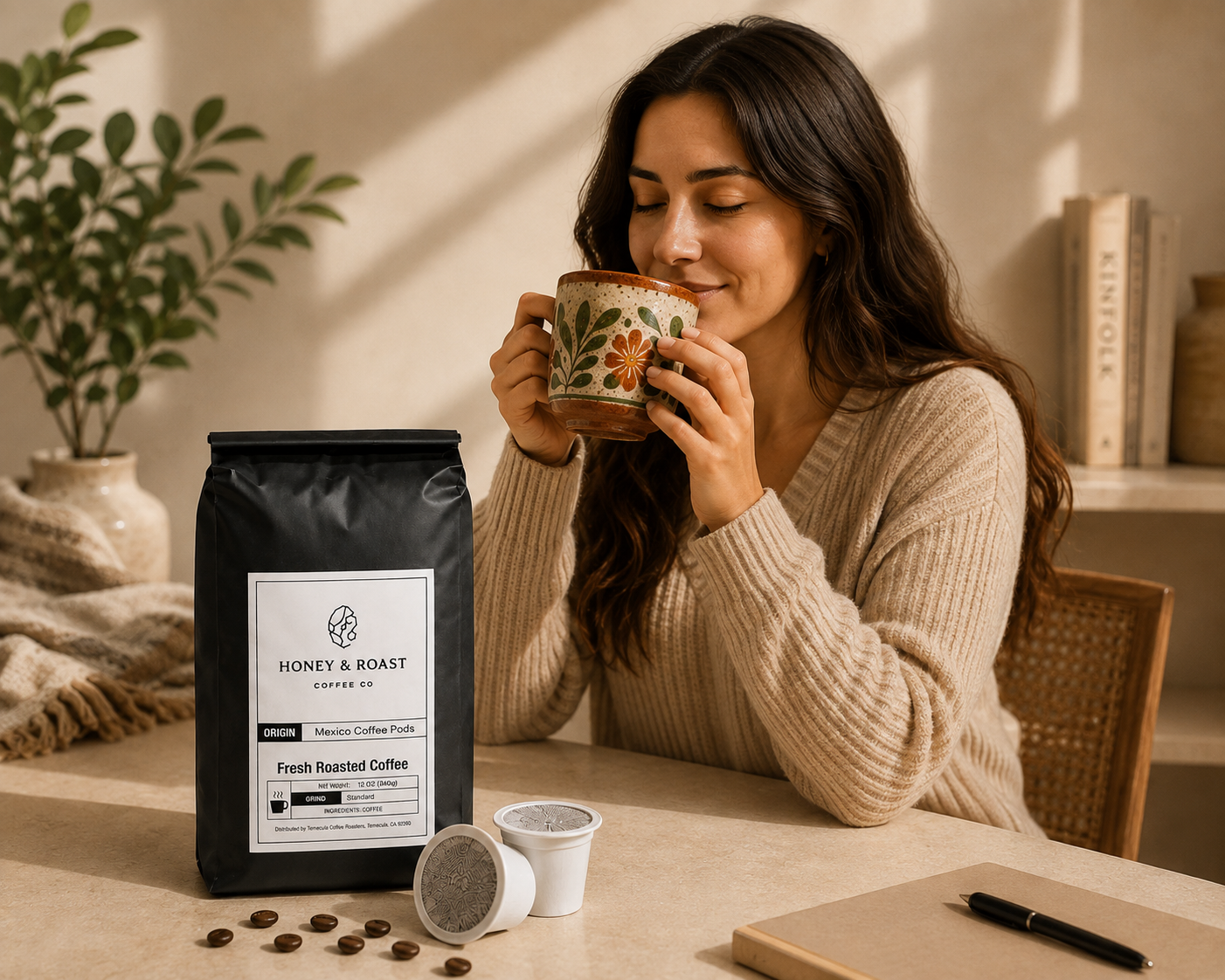 A woman in a beige sweater sits at a table holding a floral ceramic mug, with a black bag of Honey & Roast Coffee Co. Fresh Roasted Coffee and two single-serve pods on the table beside her in a warm, sunlit room.