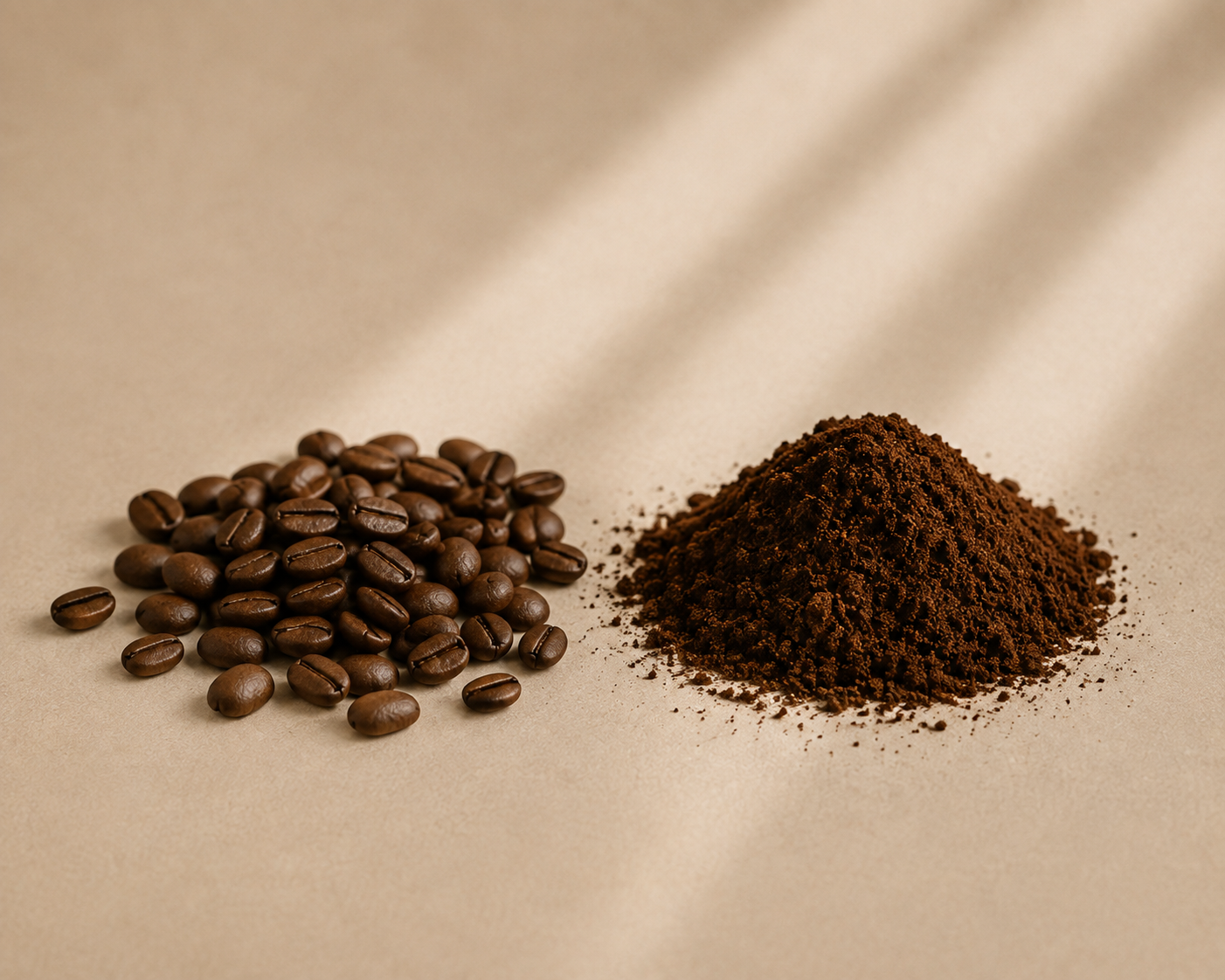 A pile of whole coffee beans and a pile of ground coffee on a beige surface with soft diagonal shadows.