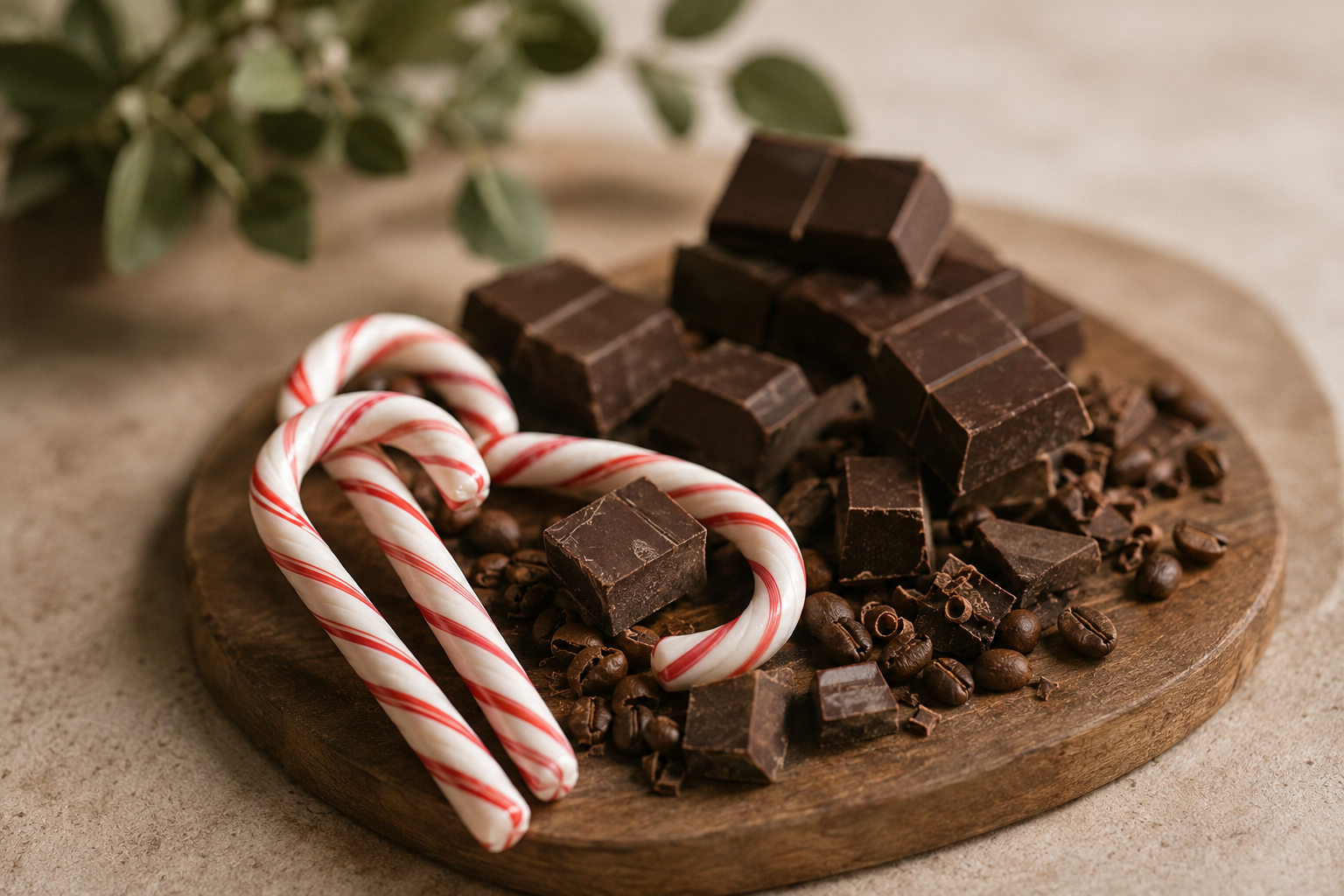 Dark chocolate chunks and red-and-white striped candy canes arranged on a round wooden board, with blurred green leaves in the background.