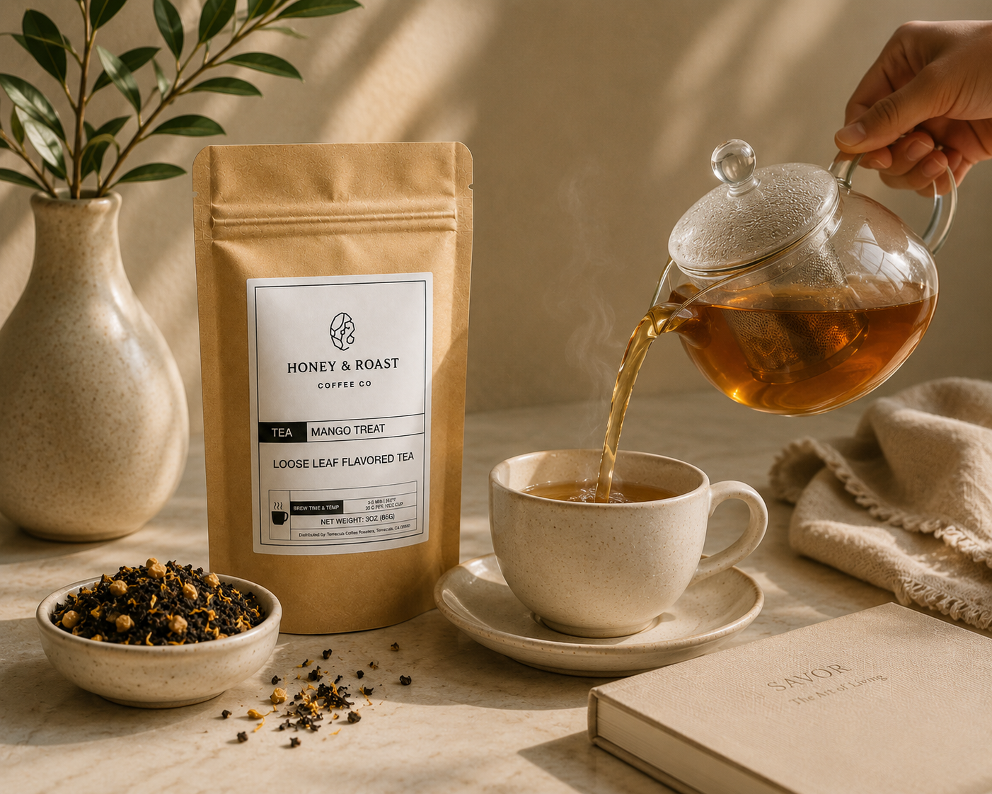 A kraft paper pouch of Honey & Roast Coffee Co. loose leaf flavored tea stands beside a ceramic cup and saucer with tea being poured from a glass teapot.