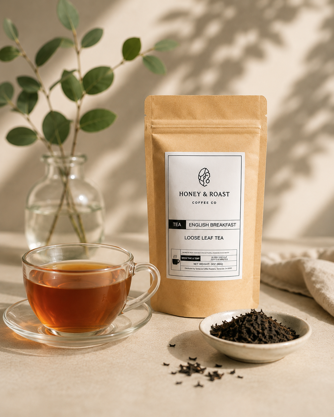 A kraft paper pouch of Honey & Roast Coffee Co. English Breakfast Loose Leaf Tea stands on a beige surface next to a glass cup of amber tea, a small dish of loose leaves, and a glass vase with green leaves in the background.