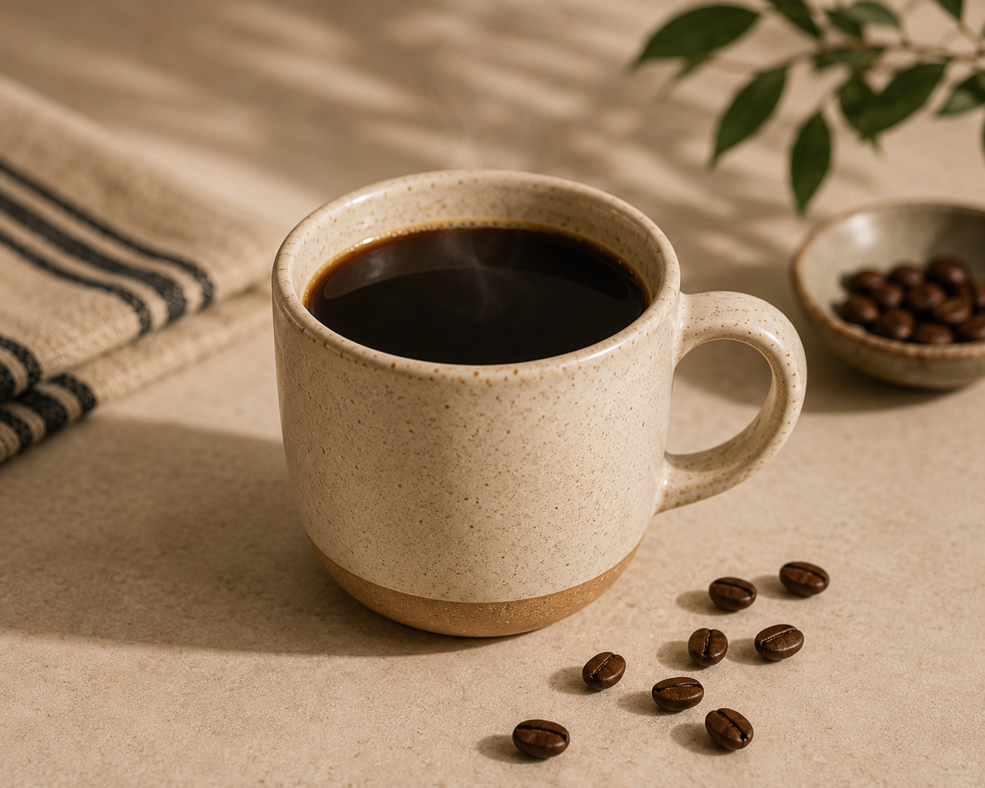 A speckled beige ceramic mug filled with black coffee, styled on a beige surface with scattered coffee beans, a striped cloth, and a small dish of coffee beans in the background.
