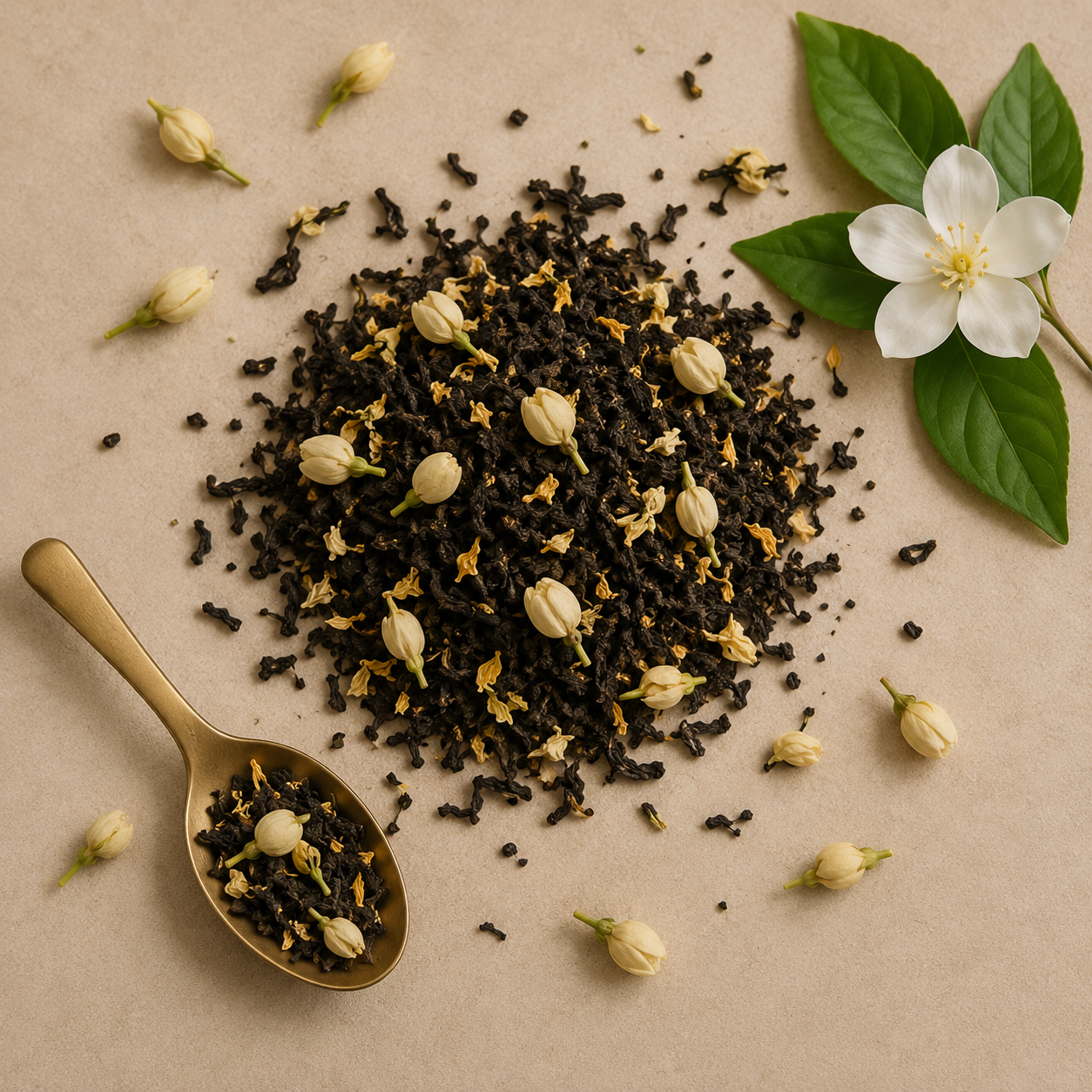 A styled flat-lay of loose-leaf jasmine tea on a beige background, featuring a central pile of dark tea leaves mixed with white jasmine buds and petals, a gold spoon filled with the tea blend, and a white jasmine flower with green leaves in the upper right.