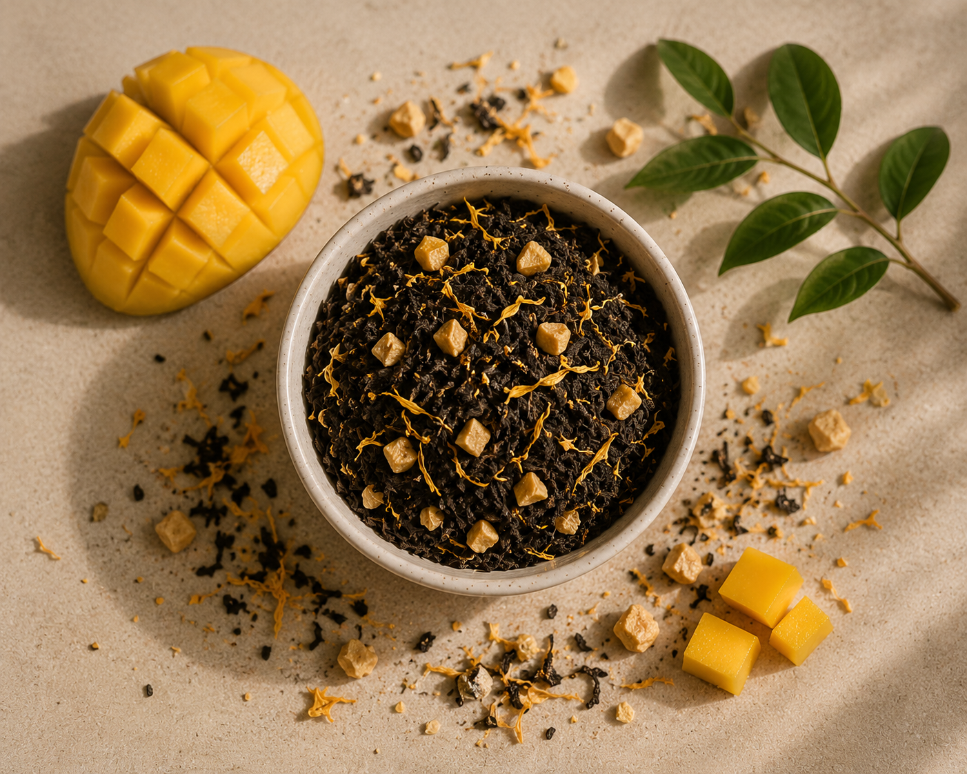 A bowl of dark chocolate cereal topped with small cubed pieces and yellow-orange zest, styled on a beige surface with a sliced mango, scattered cereal pieces, green leaves, and a few mango cubes.