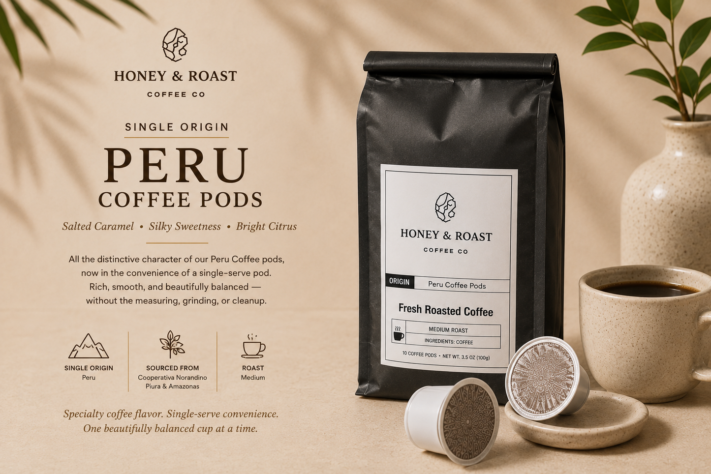 A bag of Honey & Roast Coffee Co. Peru coffee pods stands on a beige surface beside two loose pods, with a matching branded label card and decorative ceramic vase in the background.