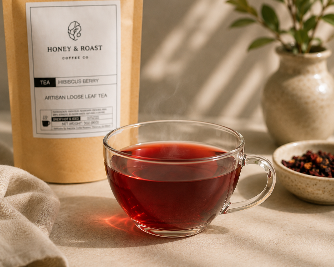 A glass cup filled with amber-red hibiscus berry tea sits on a beige cloth beside a kraft paper bag of Honey & Roast Coffee Co. loose leaf tea, with a small bowl of dried berries and a vase in the background.