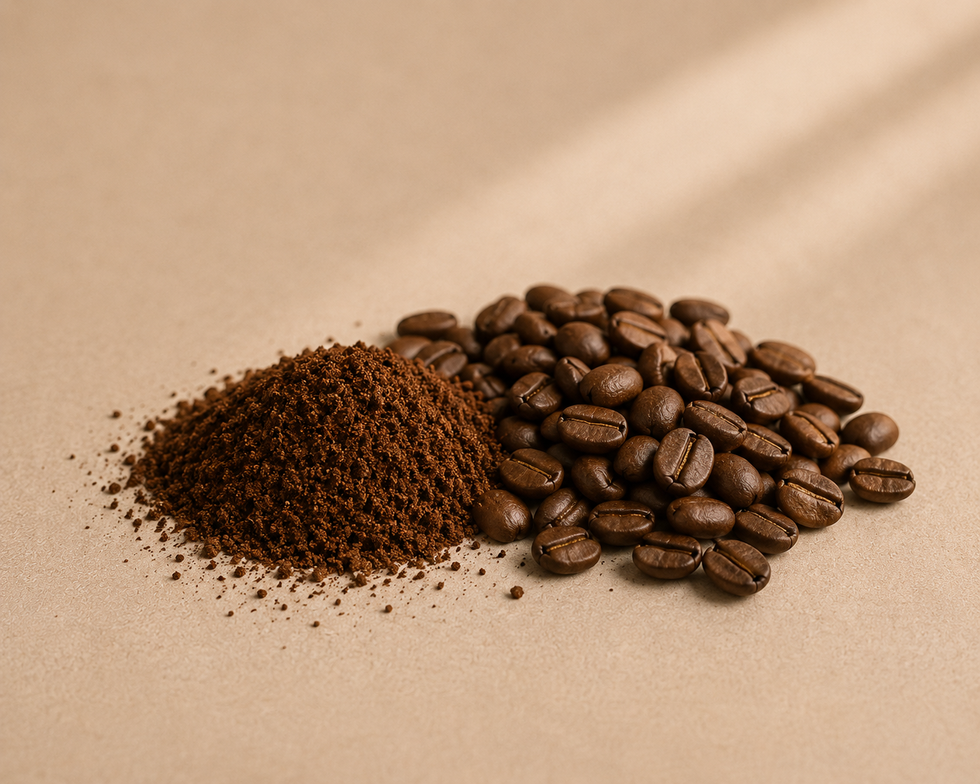 A small pile of dark brown coffee beans and a mound of finely ground coffee on a warm beige background.