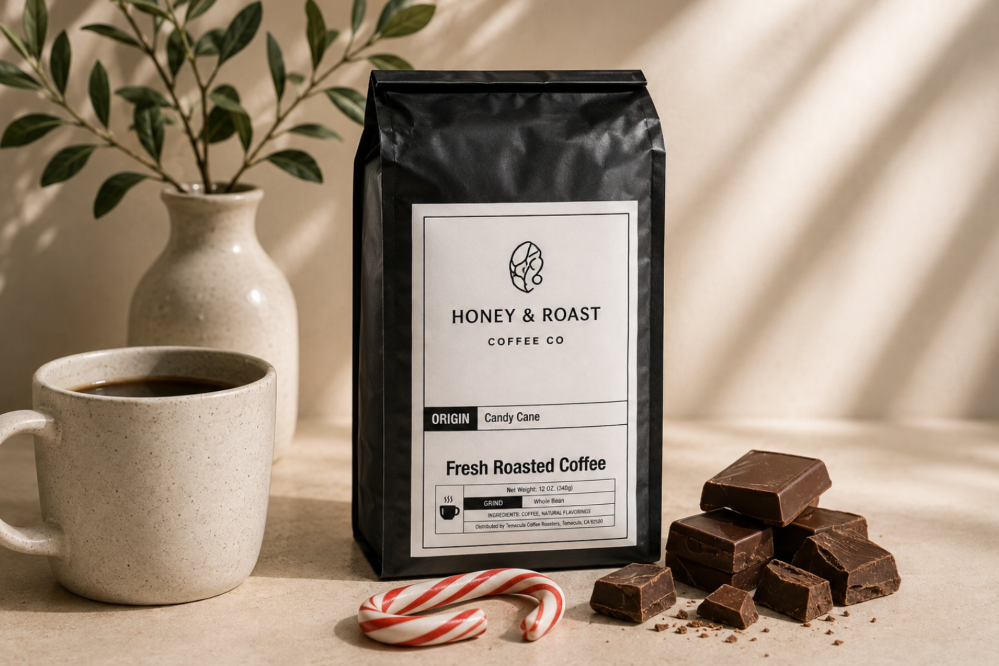 A black bag of Honey & Roast Coffee Co. sits on a tabletop beside a white mug, a small vase with leaves, candy canes, and chocolate pieces.
