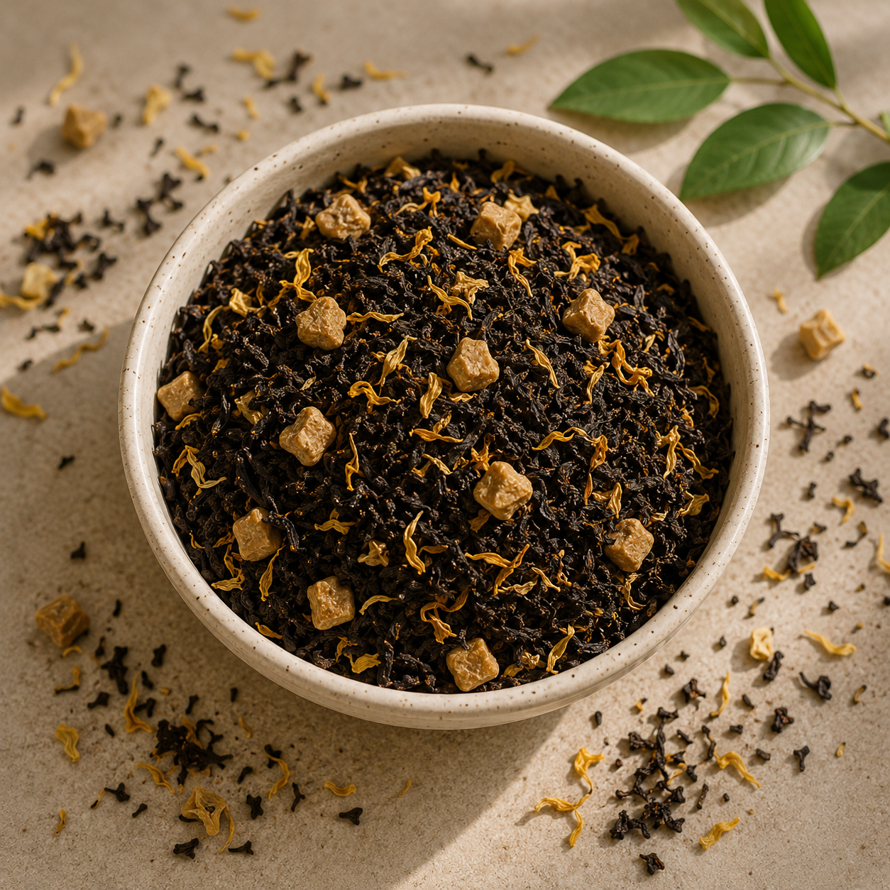 A ceramic bowl filled with loose-leaf tea, featuring dark tea leaves mixed with dried yellow-orange flower buds and small brown sugar cubes, set on a textured beige surface with scattered tea leaves and green leaves in the background.