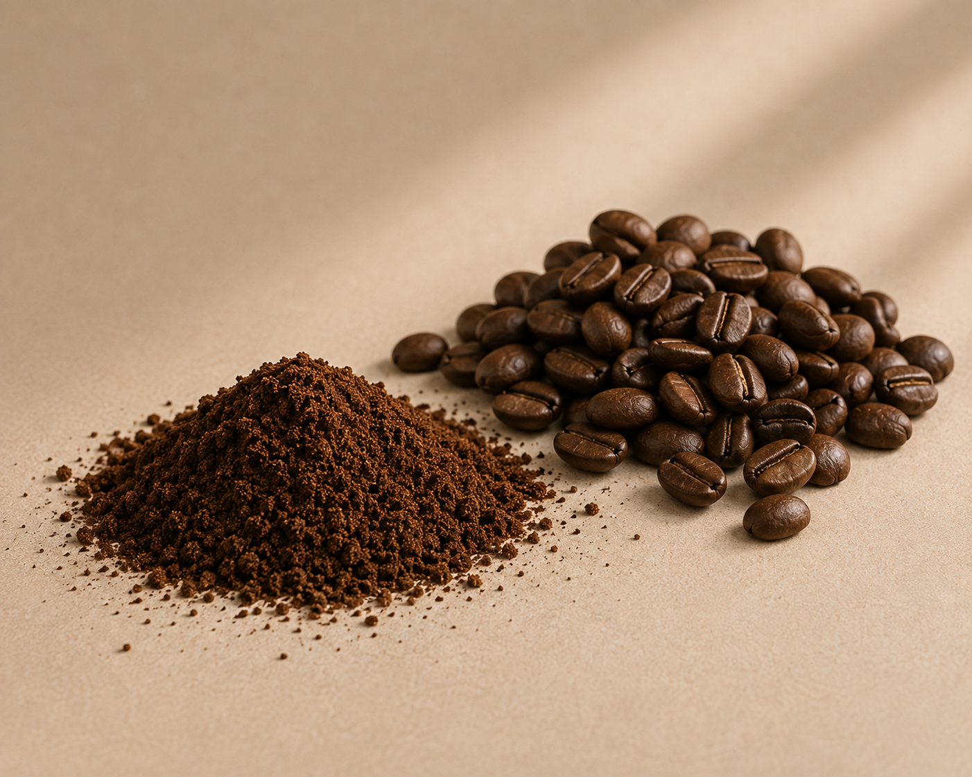 A mound of dark brown ground coffee next to a pile of whole roasted coffee beans on a warm beige background with soft diagonal shadows.